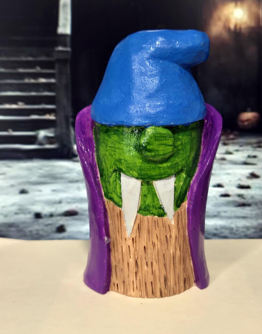 Frank the Blue Monster, hand carved Halloween figure