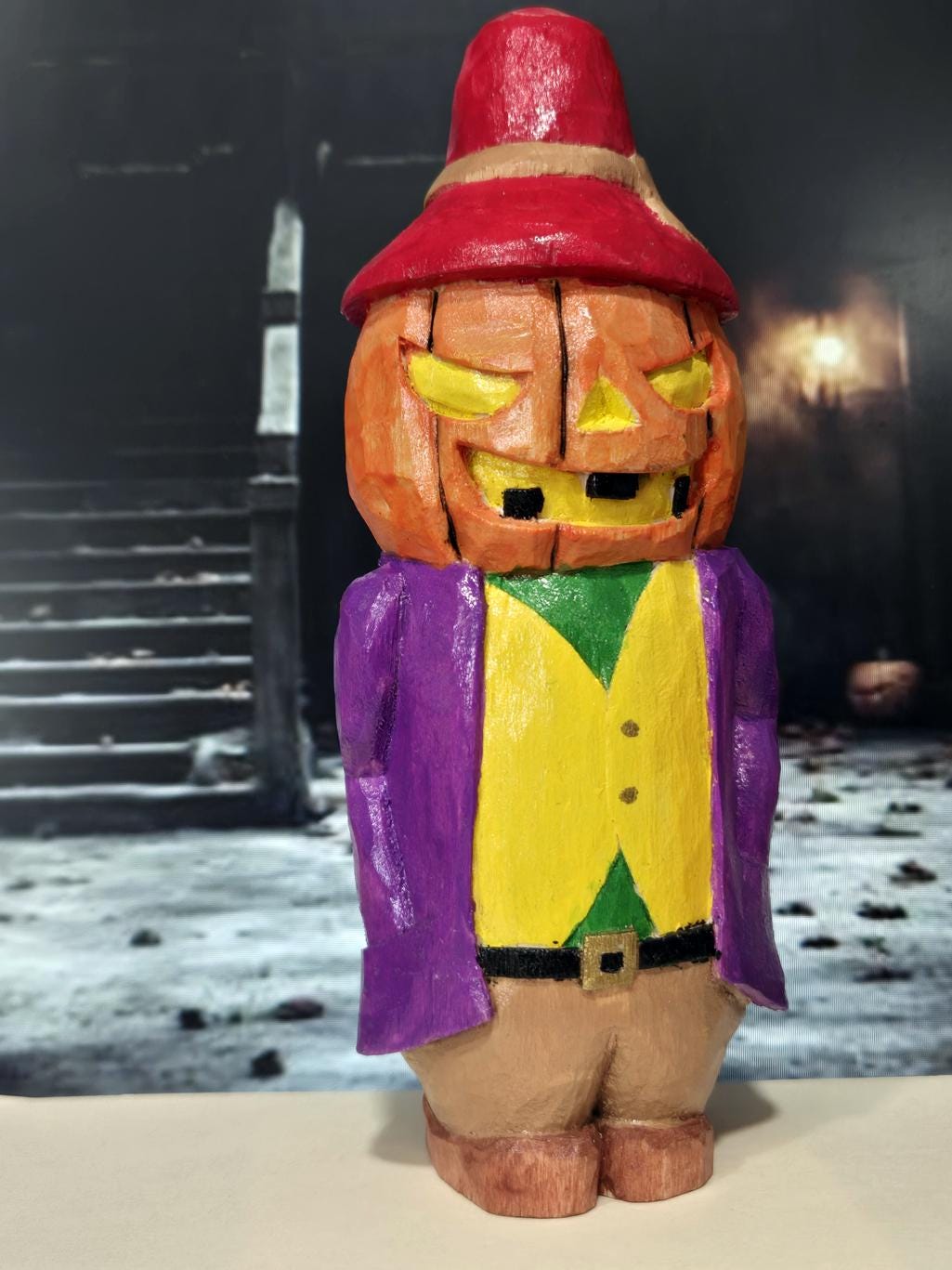 Irving the Pumpkin King, hand carved Halloween figure