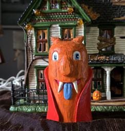 Stewart the Orange Monster, hand carved Halloween figure
