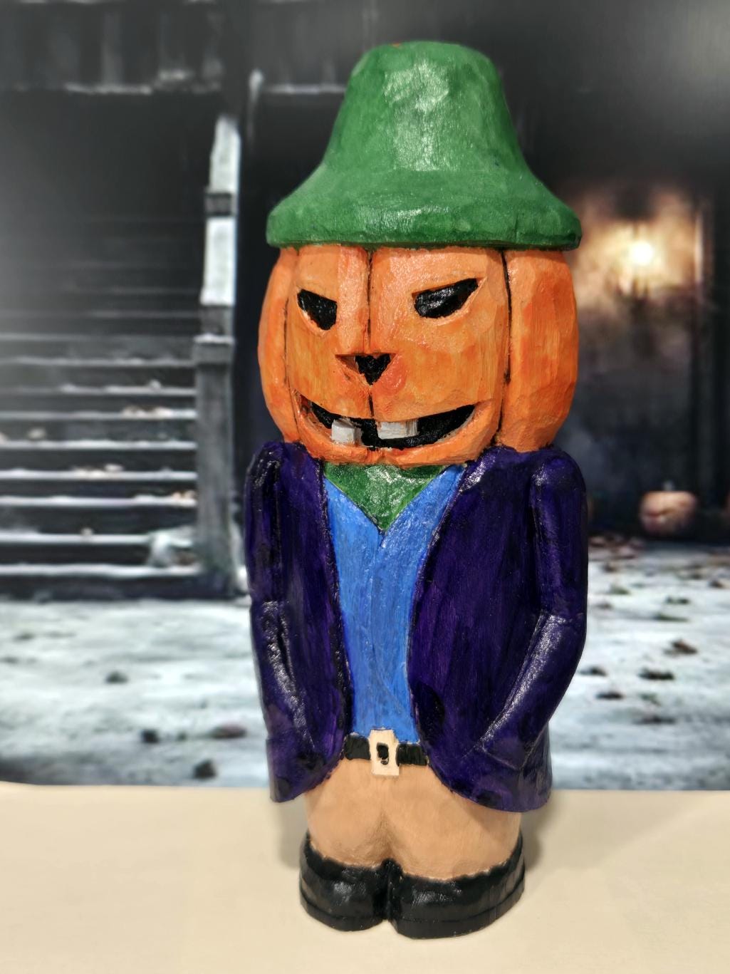 Meet Boris the Green Pumpkin King, hand carved Halloween figure