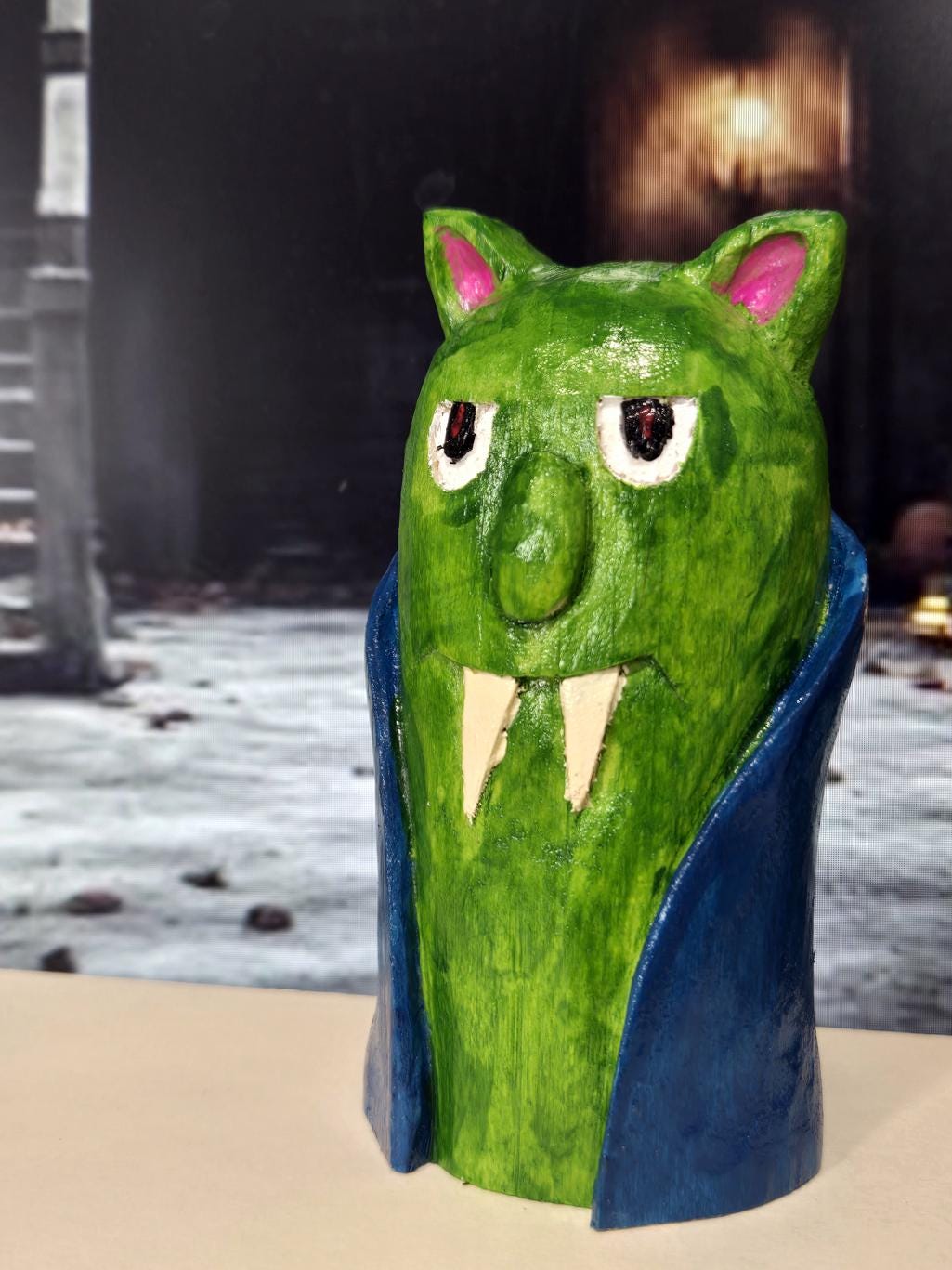 Charlie the Green Monster, hand carved Halloween figure