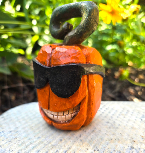 Hand Carved Whimsical Pumpkin with Sunglasses